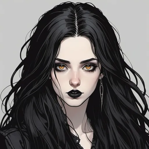 Prompt: 23 year old. gorgeous, beautiful. long black flowy haired woman. pale skin. Amber eyes. casual goth. full lips. Detailed faces. Comic book art. hand drawn. goth