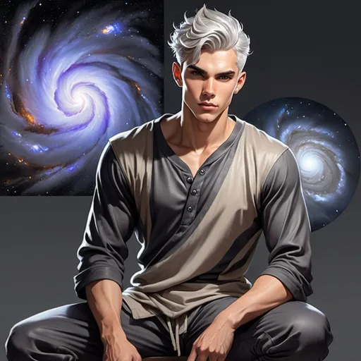 Prompt: Shifter male, light tan skin, silver hair faced on sides, piercing gray irises, handsome, Andy black, DnD sheet, oc character. wearing dark galaxy pajama pants and a gray t-shirt. Full body. oil painting, illustration