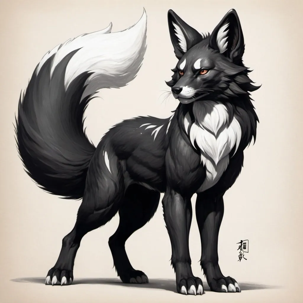 Prompt: Black kitsune with white accents. three tails. big ears. muscular. Alpha beast. large. pencil sketch. 