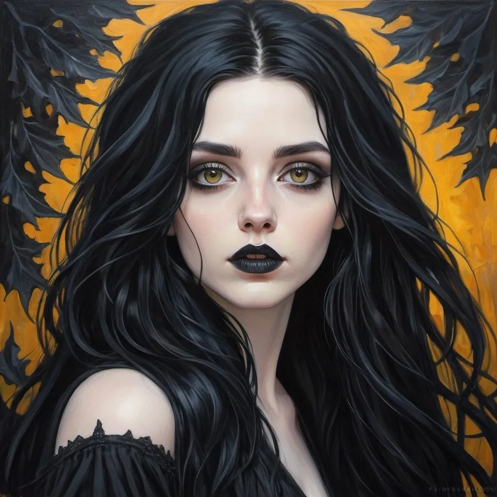 Prompt: 23 year old. gorgeous, beautiful. long black flowy haired woman. pale skin. Amber eyes. casual goth. full lips. light make-up Detailed faces. oil painting. hand drawn. goth