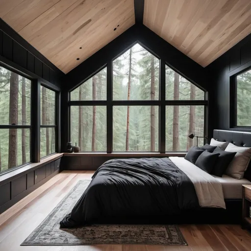 Prompt: cabin master bedroom with a large panel window wall seeing out to the forest. Black walls, king size bed beside the massive window wall, with black comforter and black wood stained foot and head boards. black cozy. square room.