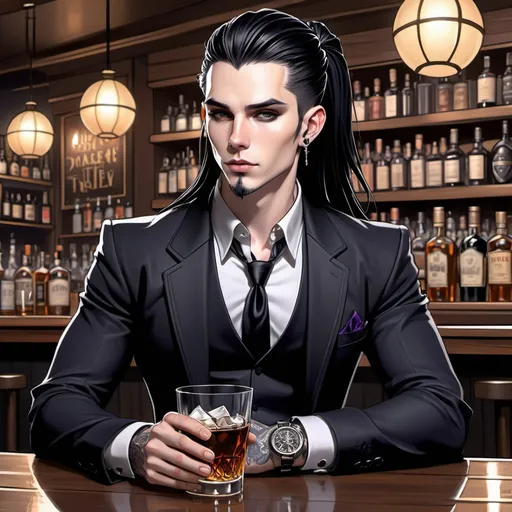Prompt: Fey male, long pointed ears, Pale skin, long black hair, messy man bun, piercing violet irises, large solid black  wings, handsome, andy black, DnD sheet, oc character.  well dressed. Full body. Gothic regal attire. black metal pocket watch. sipping from whiskey glass. sitting at bar. simple tavern background, illustration, comic book art