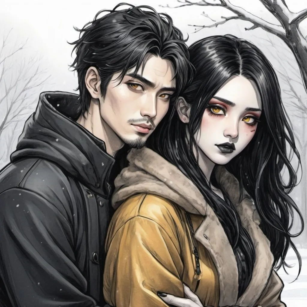 Prompt: 25 year old Japanese handsome man. hugging beautiful goth goddess woman. bright gold eyes.  black hair. gentle. loyal. hand drawing. sketch. pencil sketch. comic book art. winter coat. handsome. 