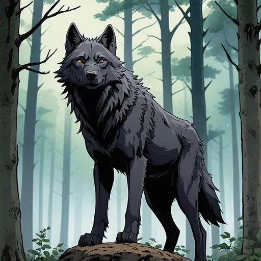 Prompt:  illustration. comic book art. wolfs rain. anime.  black wolf. forest background
