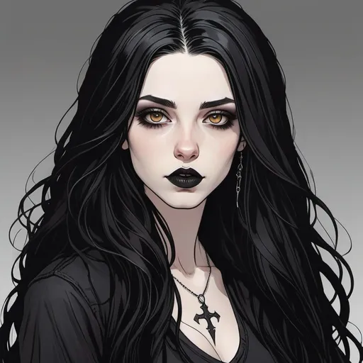 Prompt: 23 year old. gorgeous, beautiful. long black flowy haired woman. pale skin. Amber eyes. casual goth. full lips. Detailed faces. Comic book art. hand drawn. goth