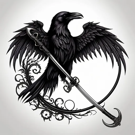 Prompt: gothic style scythe with a raven tattoo design