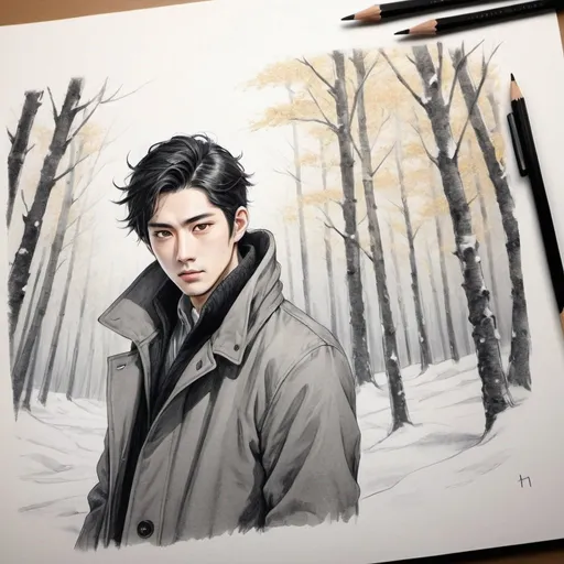 Prompt: 25 year old Japanese handsome man.   bright gold eyes. white streak mostly black hair. wearing open black button up. Honor. gentle. loyal. winter forest back ground hand drawing. sketch. pencil sketch. winter coat. handsome. 