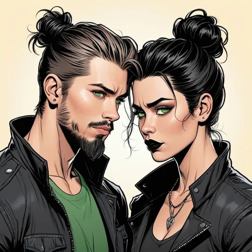 Prompt: couple. messy man bun. muscular, Latino Austin Butler, Green hazel eyes. short neat beard. in love. goth kissing black haired Margo Robbie. Detailed faces. Comic book art. hand drawing. 