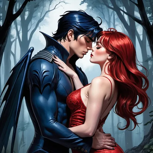 Prompt: Dark forest back ground, beautiful red haired woman in indigo long mermaid style dress kissing black haired, rugged handsome Devil Jin with navy bat wings and devil horns. In love. Love. Deep kiss. Leaning over. Detailed faces. Massive height difference. Male taller. female shorter. Romance. Comic book art. Illustration.