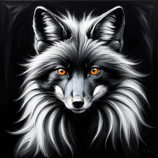 Prompt: large powerful male black fox with 3 tails, black and white fur. hand drawing. oil painting. Fire.