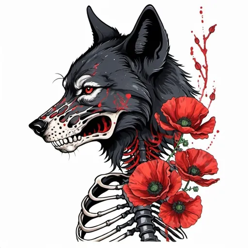 Prompt: black wolf outline with human skeleton. red splatter poppy flowers in rib cage.  side view. illustration, tattoo, drawing. color. pretty. oriental 