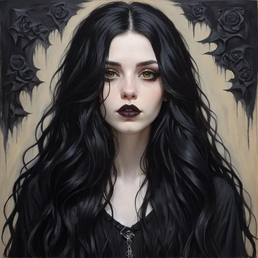 Prompt: 23 year old. gorgeous, beautiful. long black flowy haired woman. pale skin. Amber eyes. casual goth. full lips. Detailed faces. oil painting. hand drawn. goth