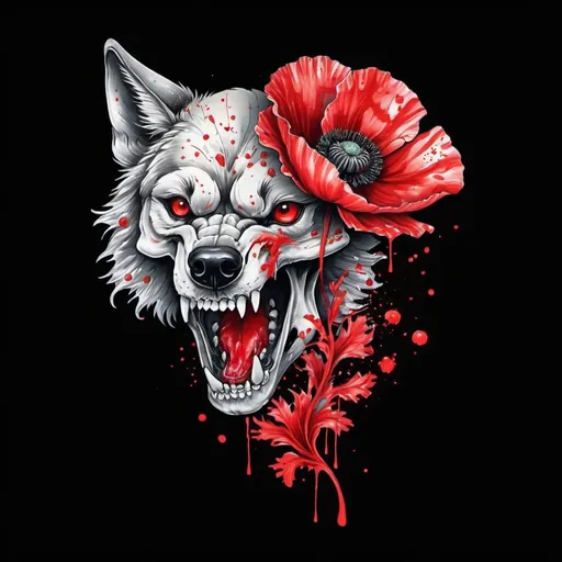 Prompt: black background tattoo. red splatter poppy flower growing from a wolf's skull. side view. illustration, tattoo, drawing. color. pretty. oriental 