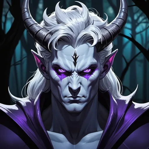 Prompt: Dark forest back ground, character sheet. male demon. silver hair. gray skin. one purple on blue eye. looking annoyed. handsome. Iridescent horns.  Comic book art. Illustration.