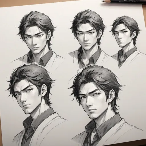 Prompt: 25 year old Japanese handsome man.   bright gold eyes. white streak mostly black hair. wearing open black button up. Honor. gentle. loyal. dnd sheet. multiple angles. hand drawing. sketch. pencil sketch.  handsome. 
