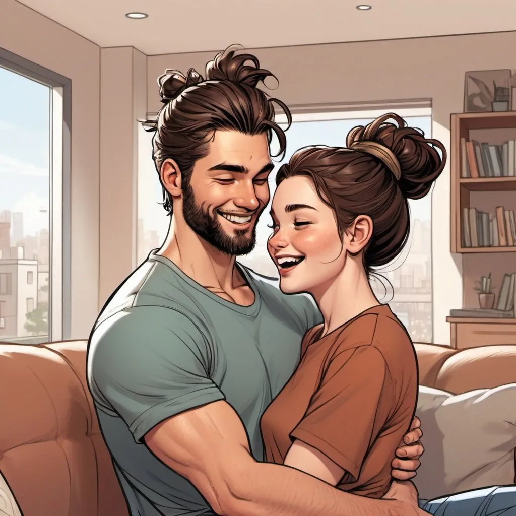 Prompt: picking female like a princess. scooped up in arms. laughing. ((beautiful black flowy haired woman)) pale skinned female (( handsome man reddish brown haired in messy man bun)), tan skinned male, short beard.  in love. Detailed faces. Romance. Comic book art. Illustration. living room background