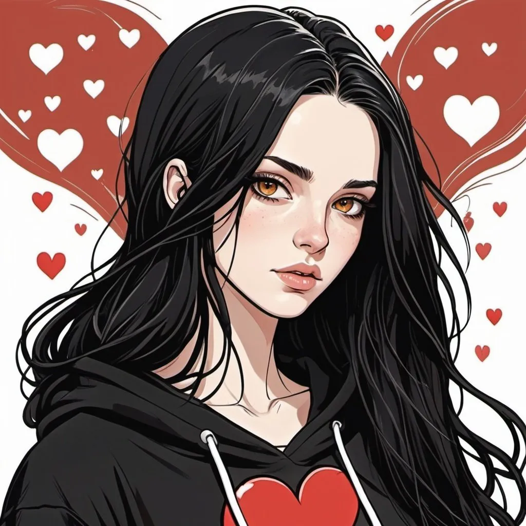 Prompt: gorgeous, beautiful. long black flowy haired woman. pale skin. Amber eyes. Wearing black Hoodies. Detailed faces. Comic book art. hand drawn. Simple heart background