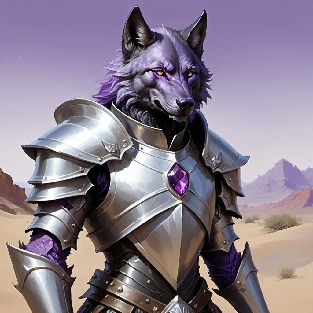 Prompt: Desert. Black wolf. Knight. Humanoid. Purple crystal on forhead. Purple eyes. Magic the gathering style painting. Silver armor. Handsome. Full-body. Fluffy tail