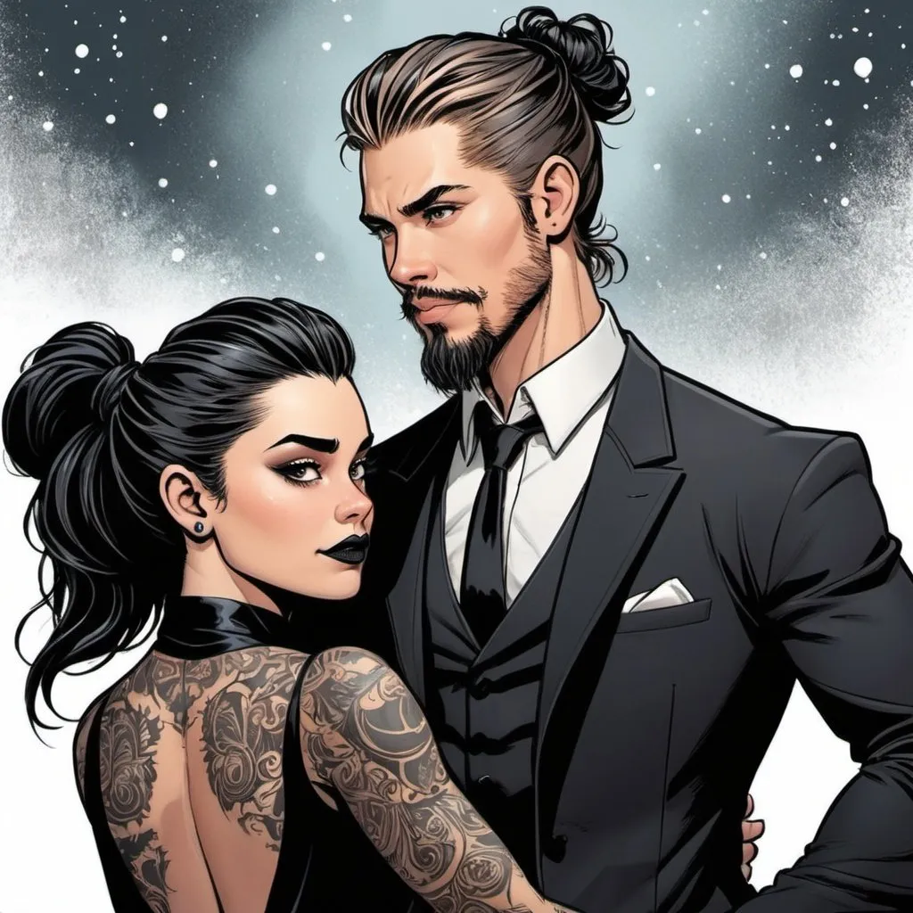 Prompt: couple. messy man bun. muscular, Latino burette Austin Butler. short beard. dancing. goth winter wedding.  Margo Robbie. Detailed faces. Comic book art. 