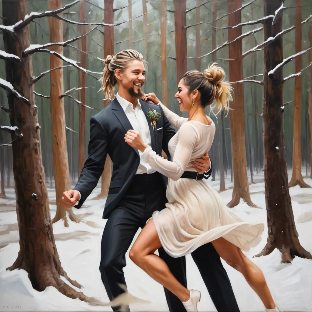 Prompt: couple. messy man bun. muscular, Latino burette Austin Butler. short beard. dancing. laughing. winter forest wedding. long sleeve dress. soft thin Margo Robbie. oil painting