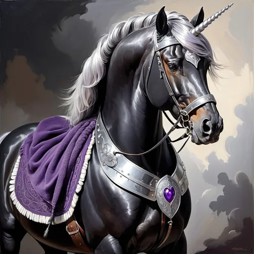 Prompt: full body. black unicorn in silver armor. pearl horn.  missing an eye with scar over missing eye. Beautiful braided mane. black saddle, purple blanket.  illustration. oil painting. 