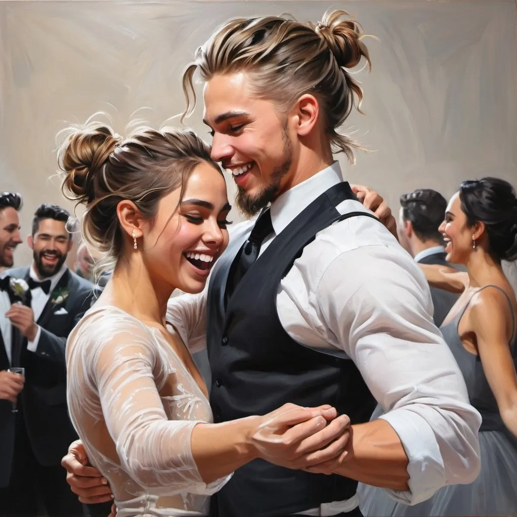 Prompt: couple. messy man bun. muscular, Latino burette Austin Butler. short beard. dancing. laughing. winter wedding. long sleeve dress. soft thin Margo Robbie. Detailed faces. oil painting