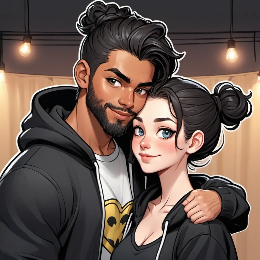 Prompt: Photo booth picture. Happy couple. finger bunny ears. ((beautiful black flowy haired woman with hair down in waves. pale skin)) ((handsome man hair in messy man bun. muscular, Latino male, short beard.)) in love. Kiss. Wearing black Hoodies. Detailed faces. Comic book art. cartoon. webtoon. manga. Twinkling lights and simple background