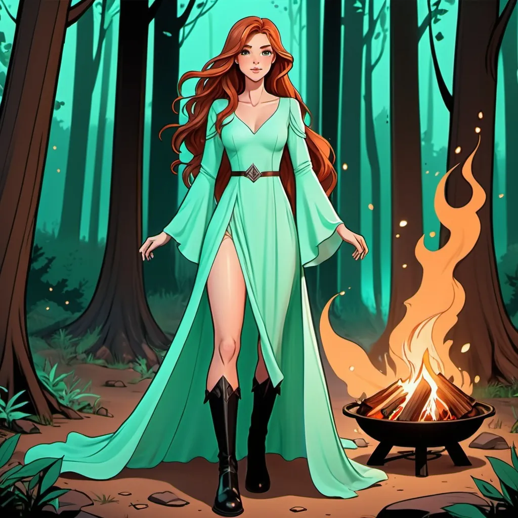 Prompt: Character sheet, female human, peach skin, long auburn wavy hair, piercing hazel irises, tall slender body, dressed in simple long mint green dress, bell sleeves, flowy dress, black boots, gorgeous, beautiful, D&D sheet, oc character. comic book art. illustration  simple night forest background. campfire