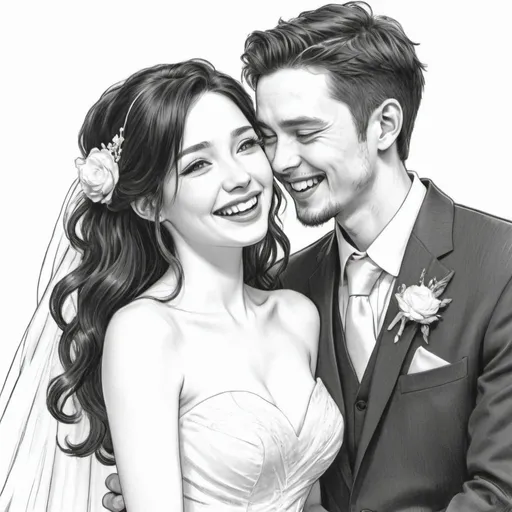 Prompt: Gorgeous, beautiful English woman. long black flowy haired. pale skin. full lips. laughing with short haired Japanese husband at their wedding. Detailed faces. hand drawing. hand drawn. pencil sketch. comicbook art style