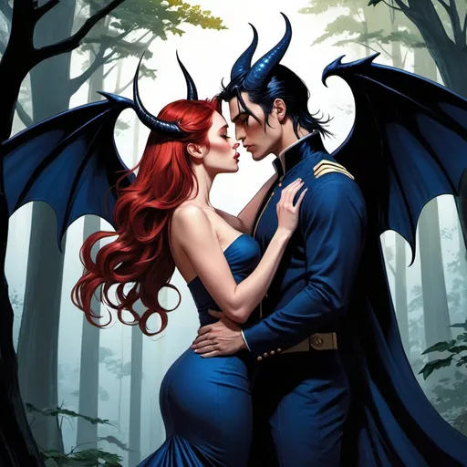 Prompt: Dark forest back ground, beautiful red haired woman in indigo long mermaid style dress kissing black haired, man bun, well dressed, Devil jin with navy bat wings and devil horns. In love. Love. Deep kiss. Leaning over. Detailed faces. Massive height difference. Male taller. female shorter. Romance. Comic book art. Illustration.