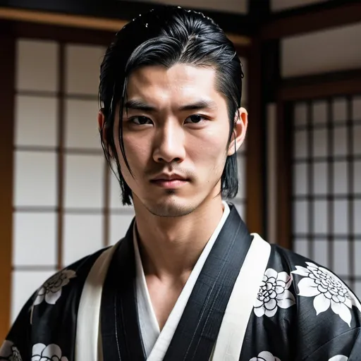 Prompt: young yakuza man. black hair with white highlight hair. handsome. wearing black and white kimono. 