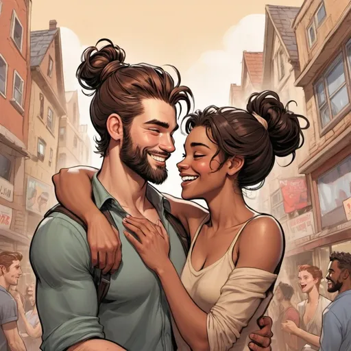 Prompt: picking female like a princess. scooped up in arms. laughing. ((beautiful black flowy haired woman))pale skinned female (( handsome man reddish brown haired in messy man bun)), tan skinned male, short beard.  in love. Detailed faces.Romance. Comic book art. Illustration.