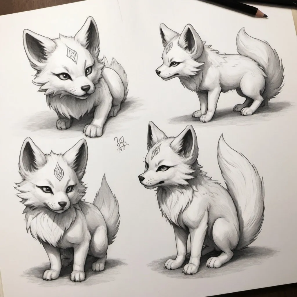 Prompt: three kitsune pups. black and white fur beast. large like wolf. multiple angles. dnd character sheet. pencil sketch. 