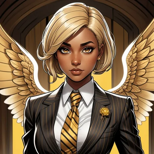 Prompt: female fey, dark tan skin, striped blonde and brown highlighted bob cut hair, piercing yellow irises, chubby body, dressed in fancy tailored suit and tie, butler attire, black boots, beautiful, D&D sheet, oc character. comic book art. illustration. detailed face. detailed barn owl wings. shy.