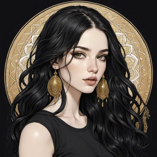 Prompt: 23 year old. gorgeous, beautiful.  goddess beauty. gorgeous. long black flowy haired woman. pale skin. gold eyes. black t-shirt. full lips. Detailed faces. hand drawing. hand drawn. 