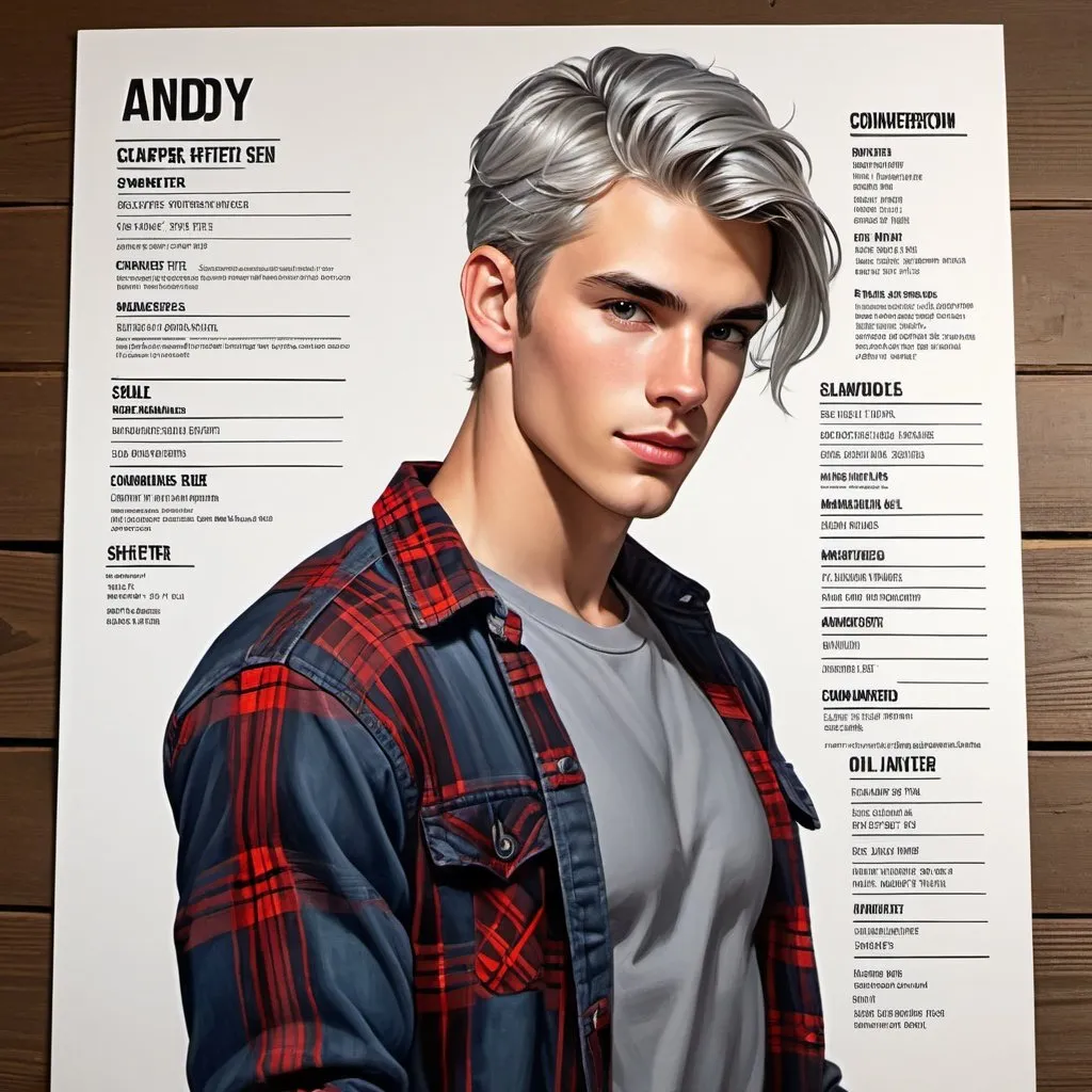 Prompt: 24 year old, handsome man with Shifter male, character sheet. light tan skin, silver hair faded on sides, piercing gray irises, handsome, Andy black, handsome, wearing gray t-shirt, blue jeans, converse, open long sleeve red plaid shirt. oil painting. illustration. character sheet.  detailed face.