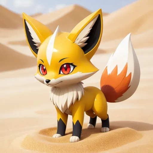 Prompt: Desert. Sand type gold fox. Yellow crystal on forhead. Red eyes. Anime. Cute. Adorable. Pokémon 