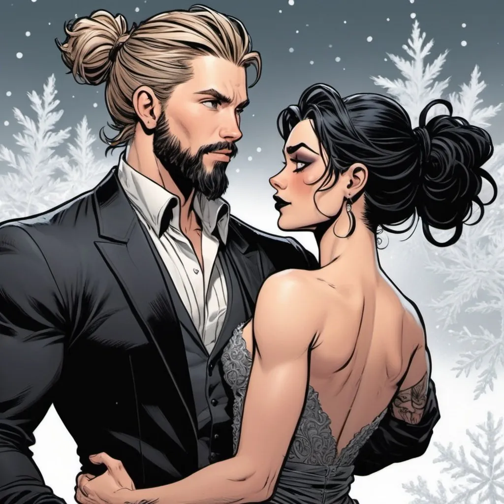 Prompt: couple. messy man bun. muscular, Latino burette Austin Butler. short beard. dancing. goth winter wedding.  soft Margo Robbie. Detailed faces. Comic book art. 