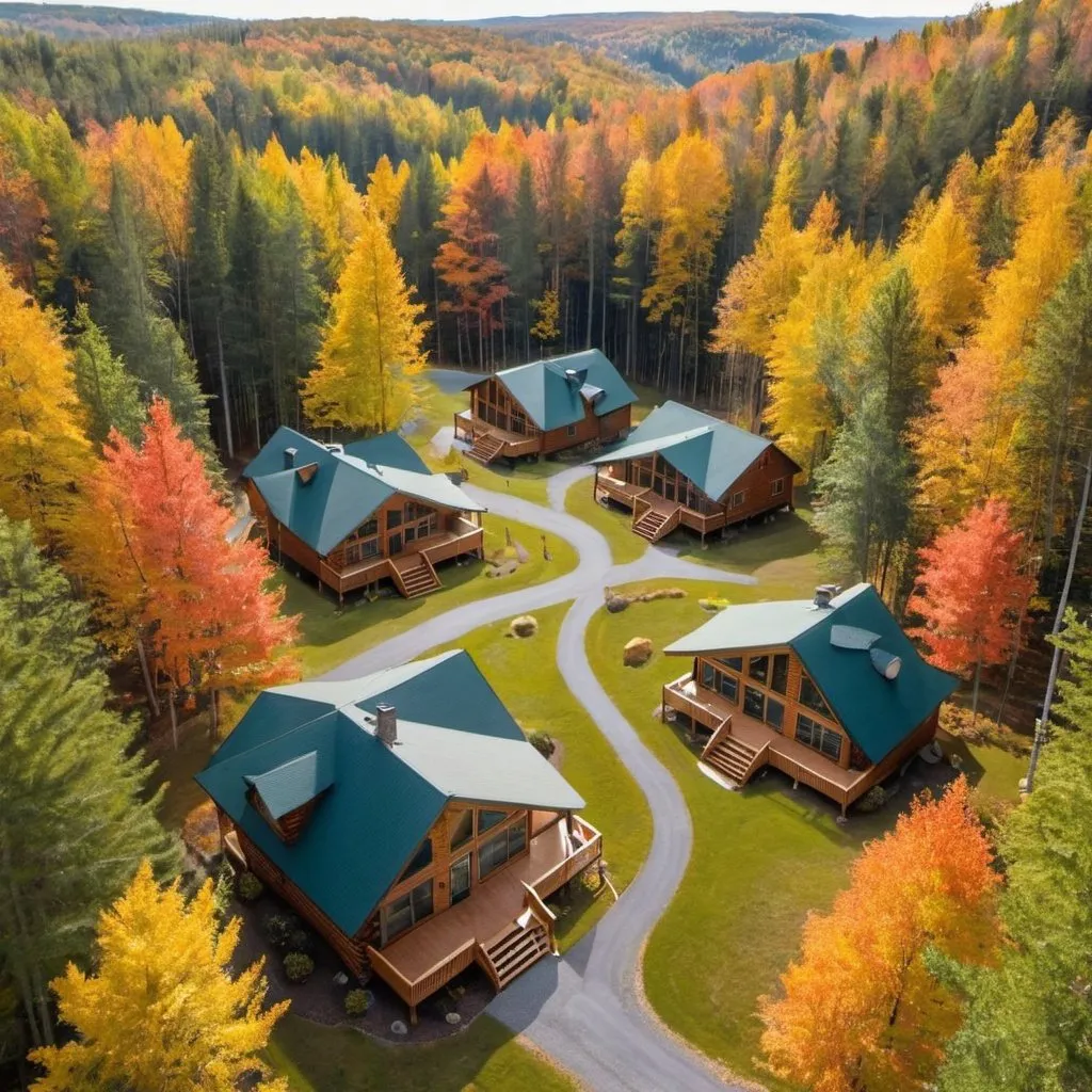 Prompt: 30 cabin houses community, surrounded by the fall forest 