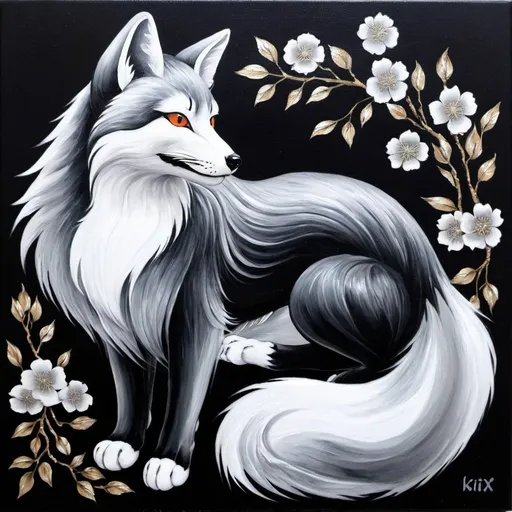 Prompt: kitsune, black and silver. oil painting. 