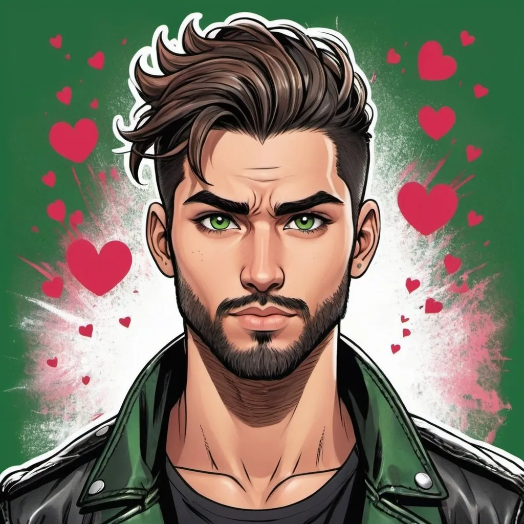 Prompt: 26 year old. handsome man hair in messy man bun. muscular, Latino male, Green eyes. short beard.)) in love. Wearing black leather jacket. Detailed faces. Comic book art. hand drawing. Simple heart background