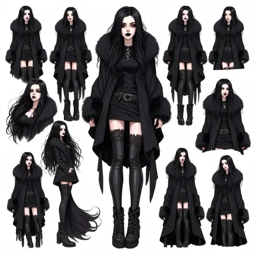 Prompt: 23 year old. gorgeous, beautiful. long black flowy haired woman. pale skin. Amber eyes. casual winter goth outfit. black fur coat. full lips. Detailed faces.  hand drawn. goth. black boots. Dnd sheet. different angles.