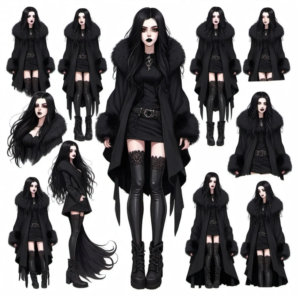 Prompt: 23 year old. gorgeous, beautiful. long black flowy haired woman. pale skin. Amber eyes. casual winter goth outfit. black fur coat. full lips. Detailed faces.  hand drawn. goth. black boots. Dnd sheet. different angles.