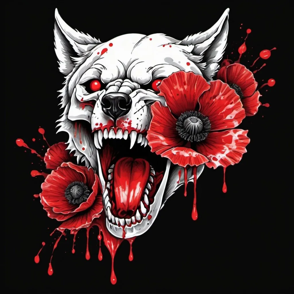 Prompt: black background tattoo. red splatter poppy flower growling from a wolf skull. illustration, tattoo, drawing. color. 