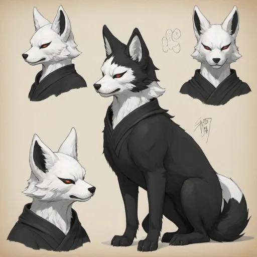 Prompt: Black fur kitsune pup. white mask over eyes and chest accents. beast. character sheet. pencil sketch. multiple angles