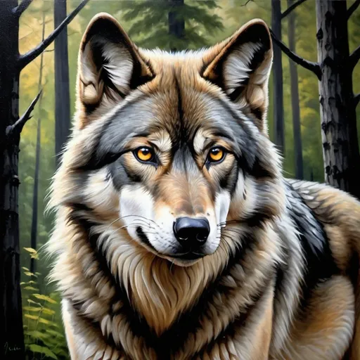 Prompt: large female wolf with solid black ember eyes oil painting. forest back ground