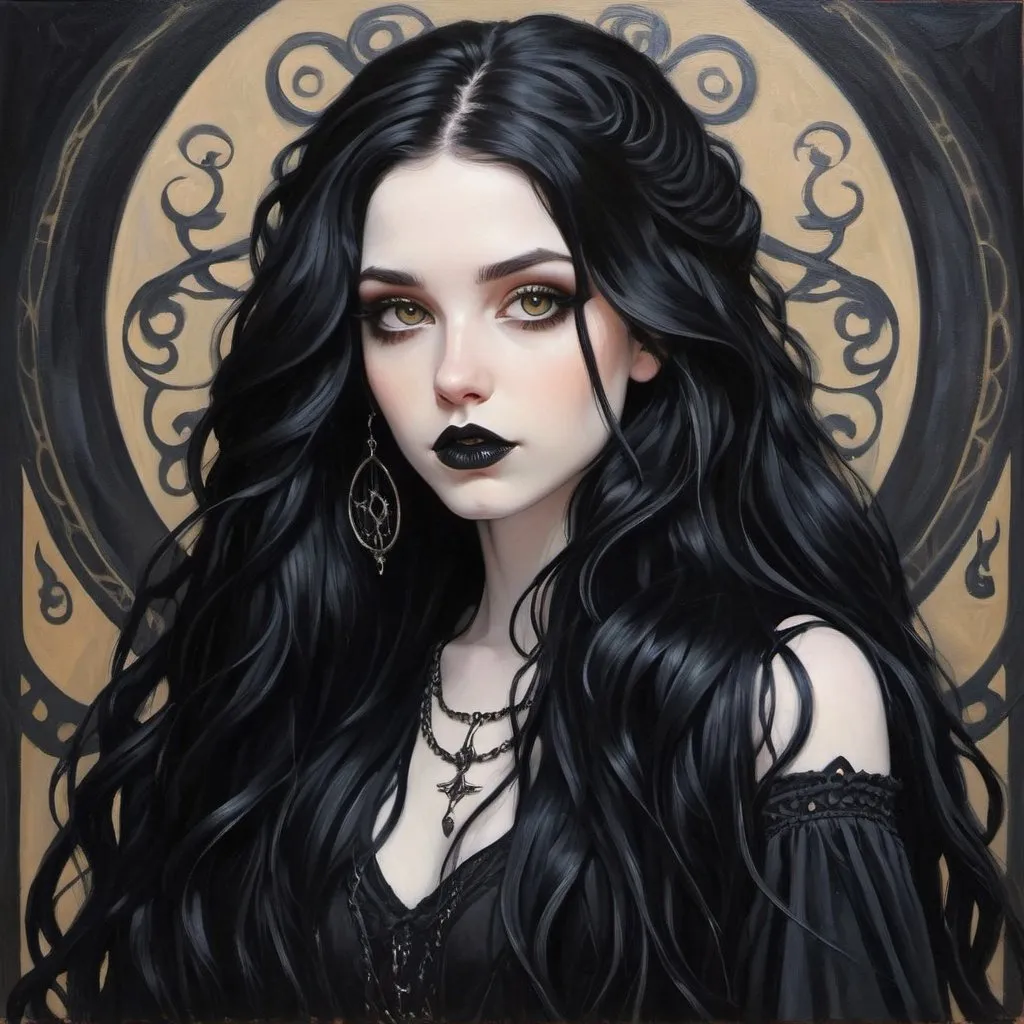 Prompt: 23 year old. gorgeous, beautiful.  goddess beauty. gorgeous. long black flowy haired woman. pale skin. Amber eyes. casual goth. full lips. Detailed faces. oil painting. hand drawn. goth