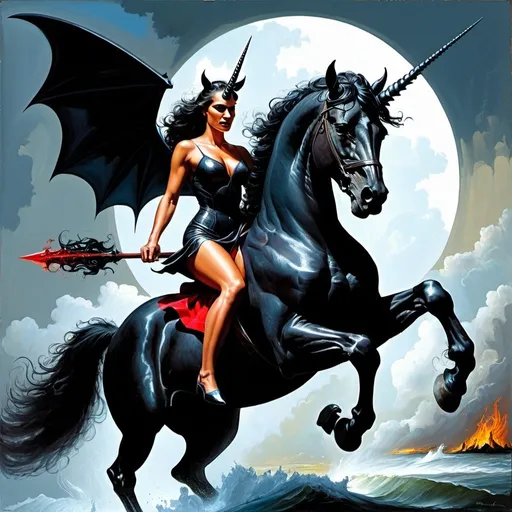 Prompt: Black unicorn being ridden by female demon. comic book. oil painting.