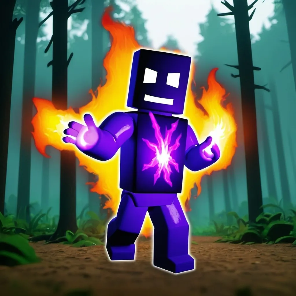 Prompt: geenrate an roblox thumbnail wheres the is 1 roblox character in the middle holding purple 
fire in his hand for my roblox elemental adventure game put the character in a forest 
