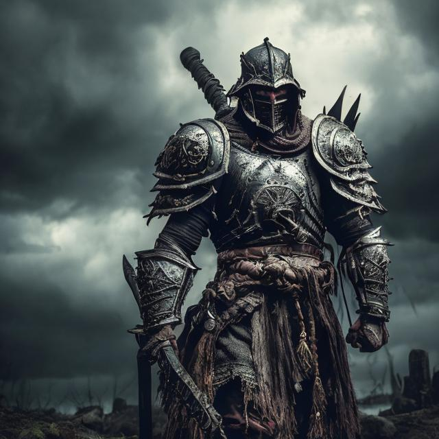 Prompt: Full plate warrior like the Wild Hunt, dark and menacing armor, intricate detailing on the armor, imposing and powerful stance, stormy and dramatic sky, high quality, fantasy, detailed armor, intense and shadowy, medieval, atmospheric lighting
